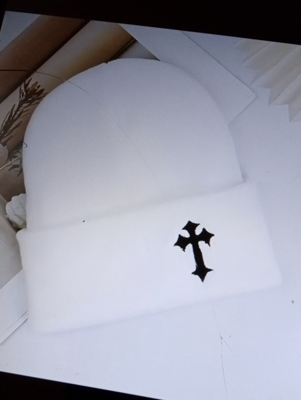 White Beanie Hat with Black Cross BONUS Socks UNISEX